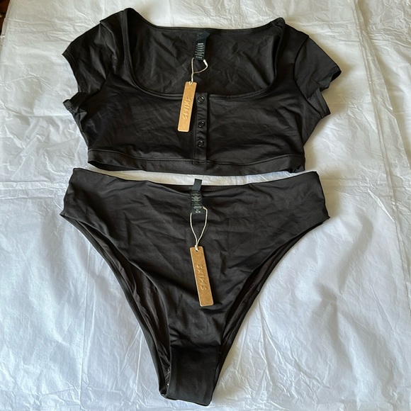 SKIMS Other - Skims‎ Swim Bikini Set super cropped T-SHIRT and mid waist bottom XL color onyx